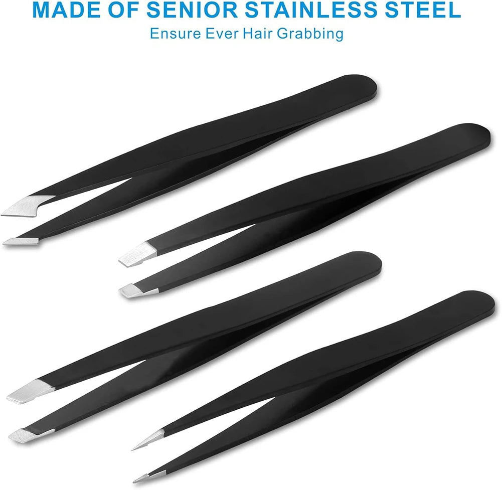 Professional 4-Piece Stainless Steel Tweezers Set with Travel Case - USA Origin