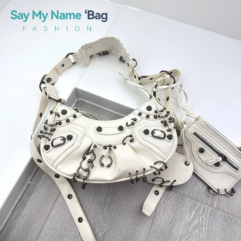  ﻿ 2026 New Women's Fashion Shoulder Bag European Vintage Style Cropped Studded Motorcycle Bag Soft Material Crossbody Design