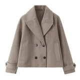 NLZGMSJ Vintage Casual Chic Women Overcoat Solid Pockets Double-breasted Short Coat New Fashion 2025 Winter Holiday Coats