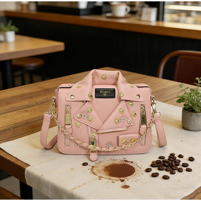 Jacket Collar Shaped Crossbody Shoulder Bag,Women Metal Flower Studded Handbag ,Niche Designer Streetwear Fashion Rivet Tote Bag
