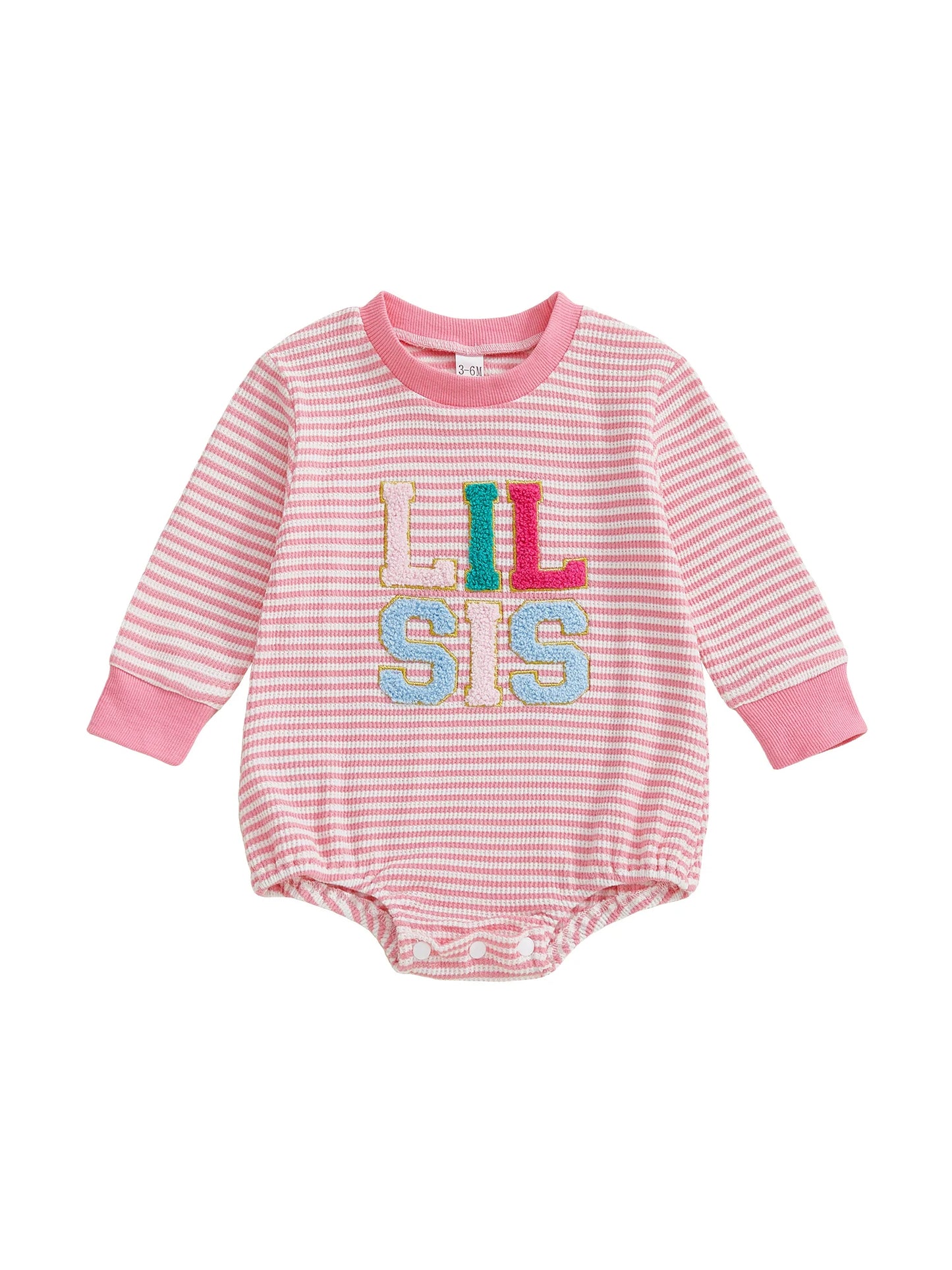 Infant Girls Jumpsuit Stylish Long Sleeve Crew Neck Romper with Embroidered Letters and Striped Design for Everyday Wear