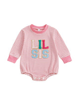 Infant Girls Jumpsuit Stylish Long Sleeve Crew Neck Romper with Embroidered Letters and Striped Design for Everyday Wear