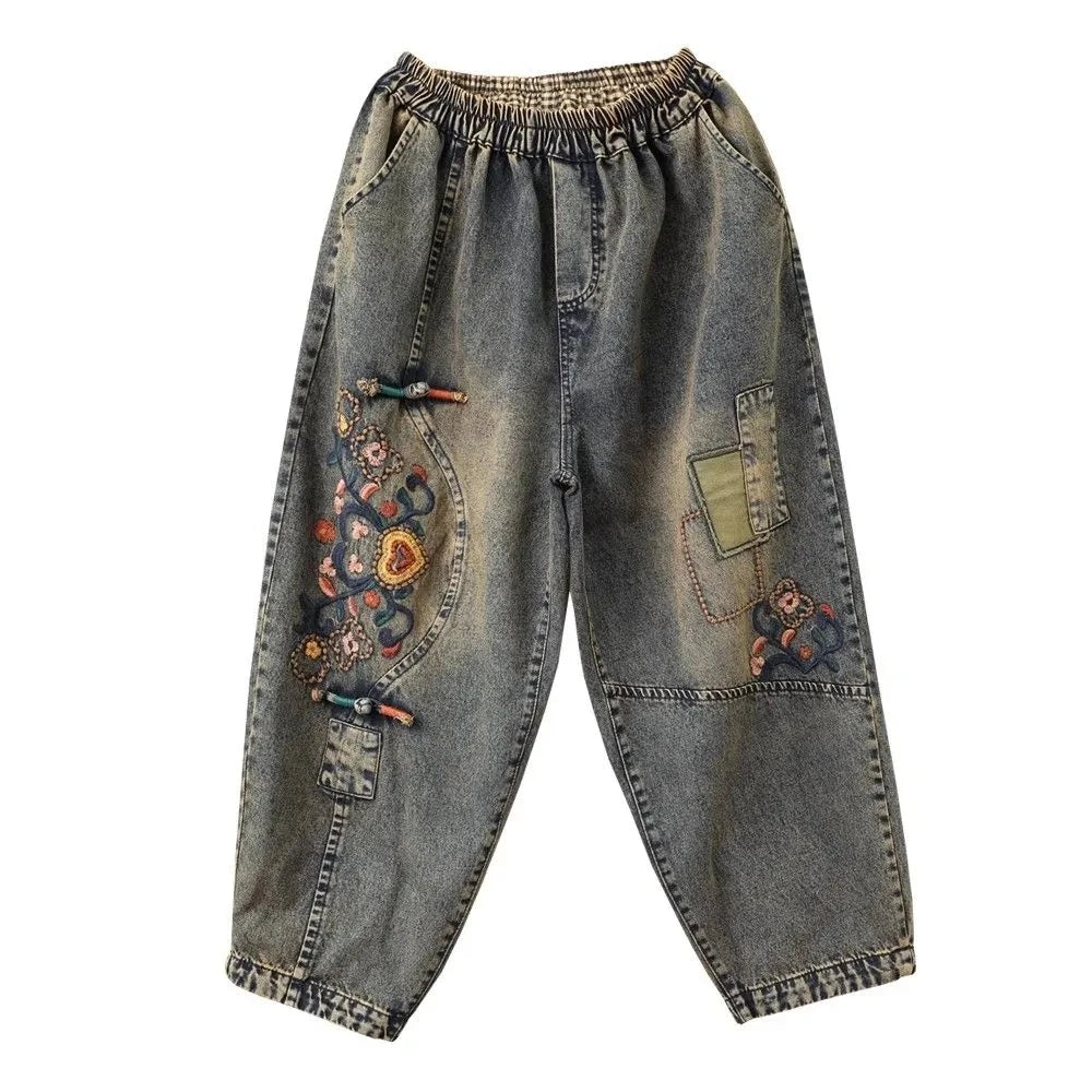 Women's Retro Embroidered High-Waist Jeans