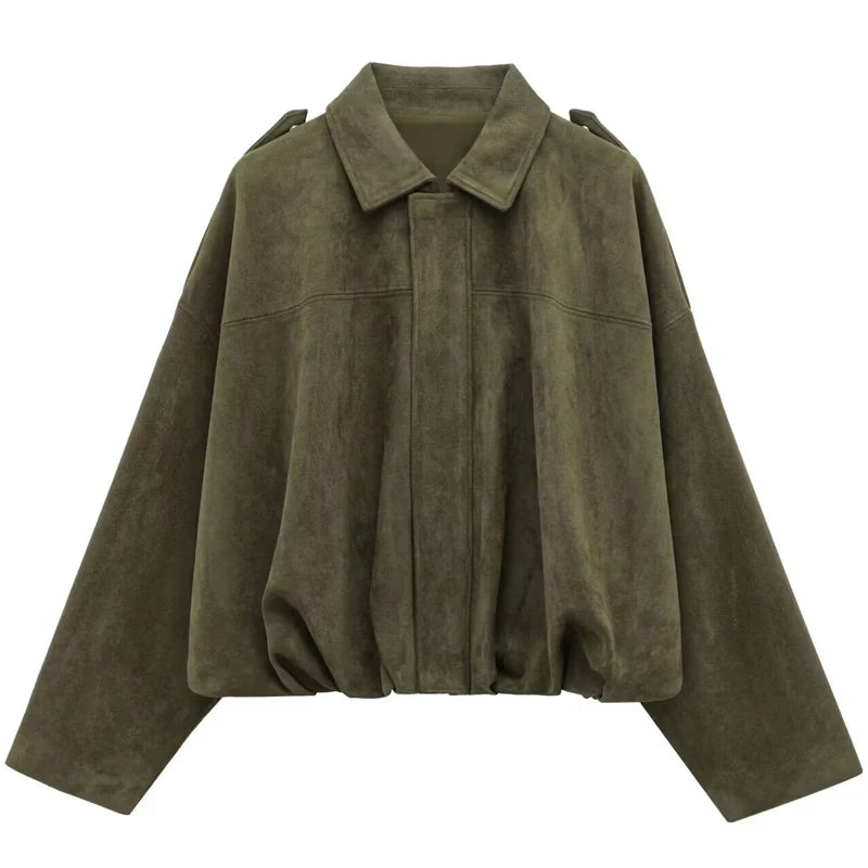 HXAO Suede Cropped Jacket Women's Bomber Jacket Oversized Batwing Sleeves Outerwears Lady Casual Loose Coat Street Style Jackets