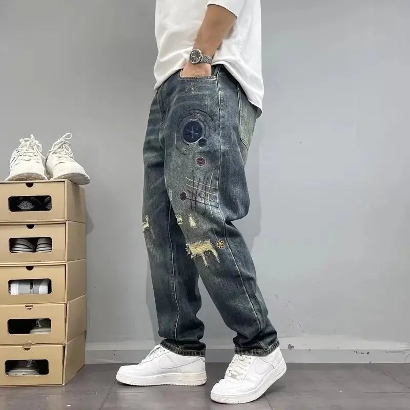 Four Seasons New Fashion Men's American High Street Hole Patched Loose Wide Leg Jeans Pants Vintage Washed Denim Trousers Male