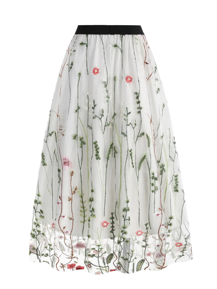 Tonval Floral Embroidered Mesh Midi Skirt – Elegant & Vintage