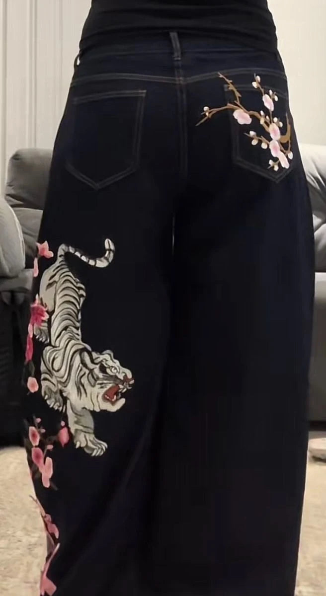 Harajuku Dragon & Snake Embroidered Wide-Leg Jeans