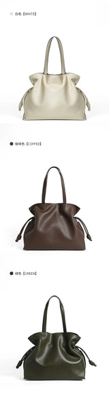 Autumn Winter High-End Leather Bucket Bag Drawstring Pleated Soft Cowhide Single Shoulder Tote Lucky Bag for Women