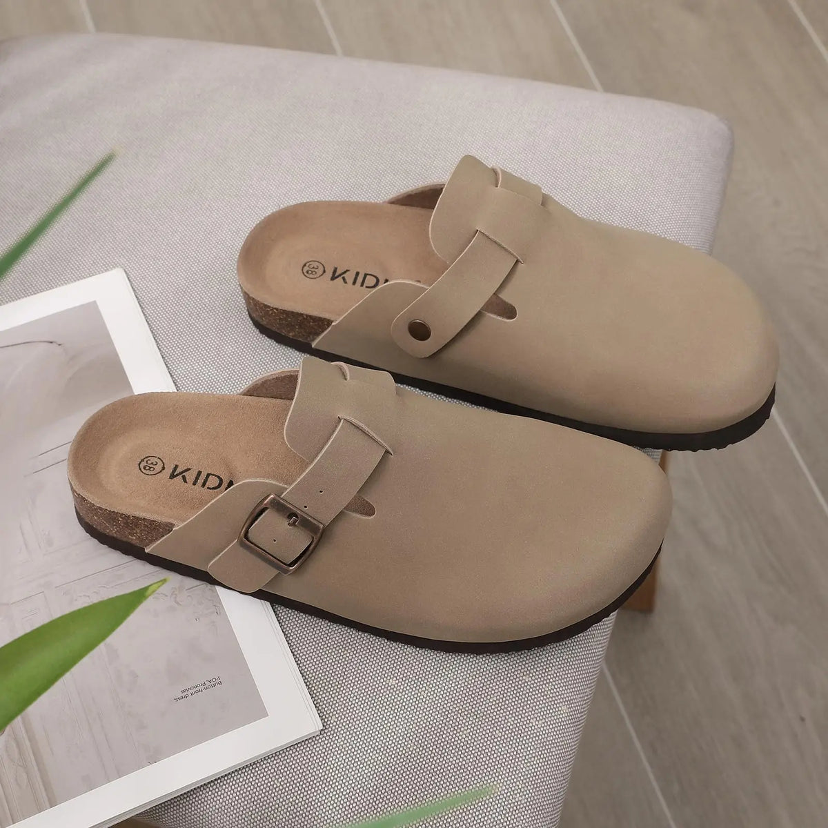 Evshine Men's Suede Clogs Fashion Leather Mules Cozy Footbed Slippers With Adjustable Buckle AntiSlip Cork Slippers Unisex Mules