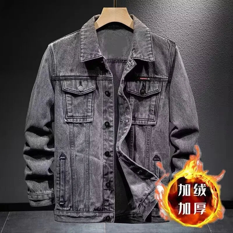 Trendy Workwear Casual Denim Jacket Thickened Fleece Lined Men's Clothing Versatile Jeans Outerwear for Youth