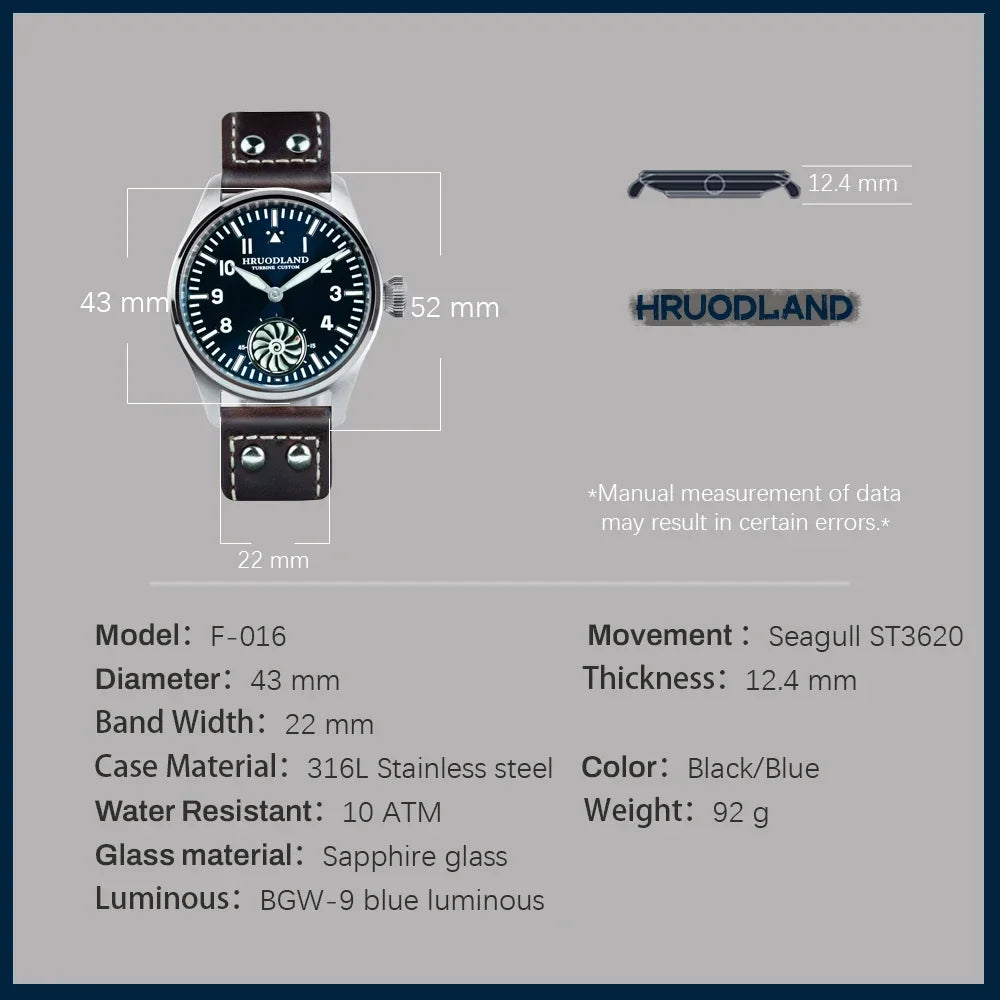 Hruodland 2025 New Men Manual Mechanical Watch Seagull ST3620 Pilot Stainless Steel BGW-9 Luminous Sapphire Crystal Reloj Hombre