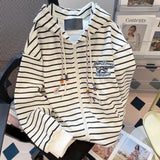2000S American Vintage Striped Loose Long Sleeve Hooded Sweatshirt Y2k Subculture Casual Zip Up Hooded Cardigan Harajuku Coats