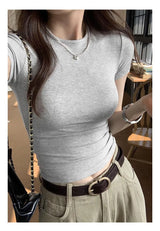 Y2K Vintage Slim Fit Crop Top - Solid Crewneck Short Sleeve Tee