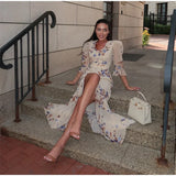 V Neck High Split Half Sleeve Slim Long Dress Print Waist Cinching Ruffle Hem Maxi Robes 2026 Women Party Vacation Vestidos