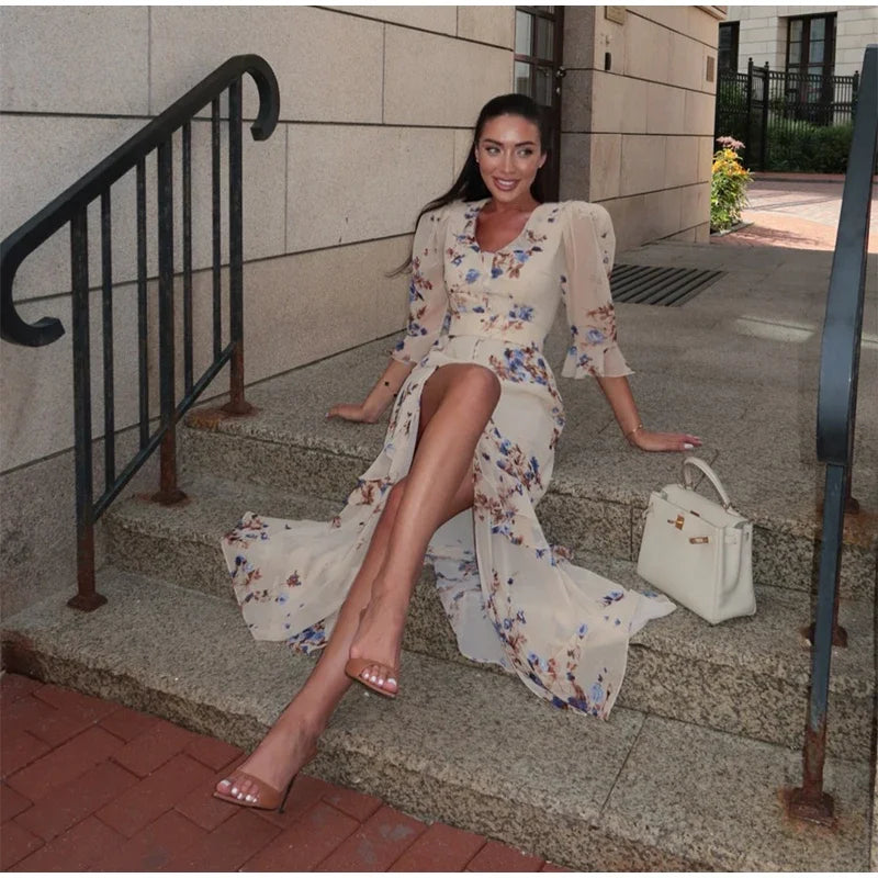 V Neck High Split Half Sleeve Slim Long Dress Print Waist Cinching Ruffle Hem Maxi Robes 2026 Women Party Vacation Vestidos
