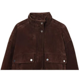 Women Suede Leather Jacket with Pockets Autumn Fashion High Collar Long Sleeve Button Jacket Lady Coats Causal Female Chic Tops