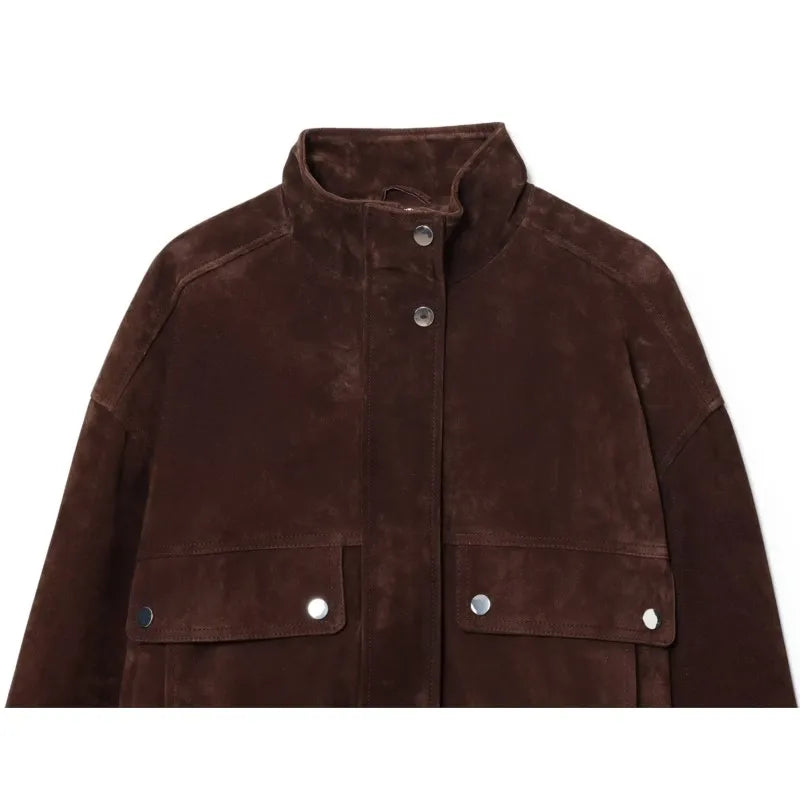 Women Suede Leather Jacket with Pockets Autumn Fashion High Collar Long Sleeve Button Jacket Lady Coats Causal Female Chic Tops