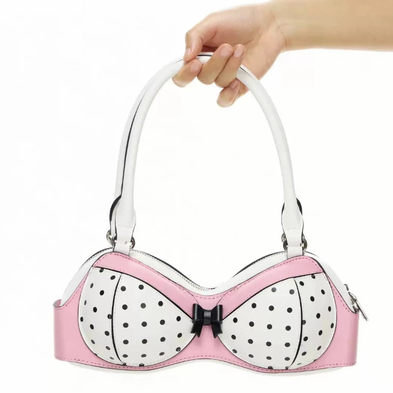 Polka Dot Bra Y2k Bags for Women Unique Novelty Cute Pink Bikini Handbag with Bow Harajuku Streetwear Funny Party Shoulder Bag