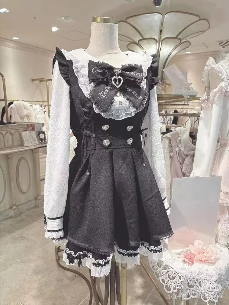 Japanese Y2K Aesthetics Vintage Bow Dress Shorts Set Women Gothic Lolita Style Long Sleeve Shirt Dress Elegant Party Dress Suits