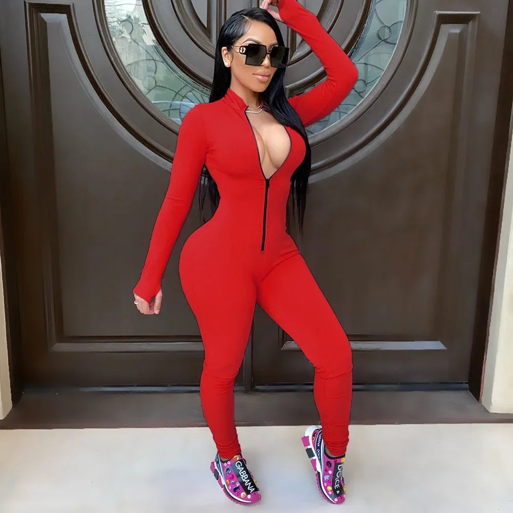 Sleek Deep-V Zip-Front Bodycon Romper – Athletic Fitness Jumpsuit
