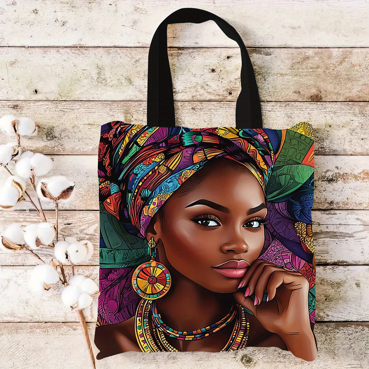 African Women Print Linen Tote Bag, Aesthetic School Shoulder Bag, Lightweight Grocery Shopping Bag