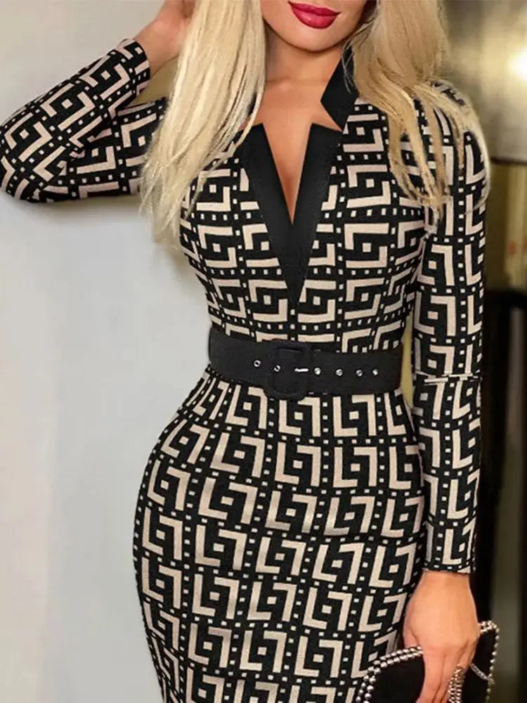 Elegant Geometric V-Neck Belted Midi Dress