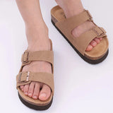 Evshine Leather Cork Footed Clogs Sandals For Women Fashion Flat Mules Slippers with Arch Support Men Double Buckle Cork Slides