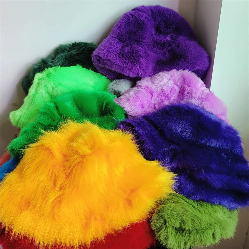 1pcs Winter Faux Fur Bucket Hat Warm Fluffy Plush colorful soft Winter hat Personality fur Fisherman Hats for women Plush hat겨