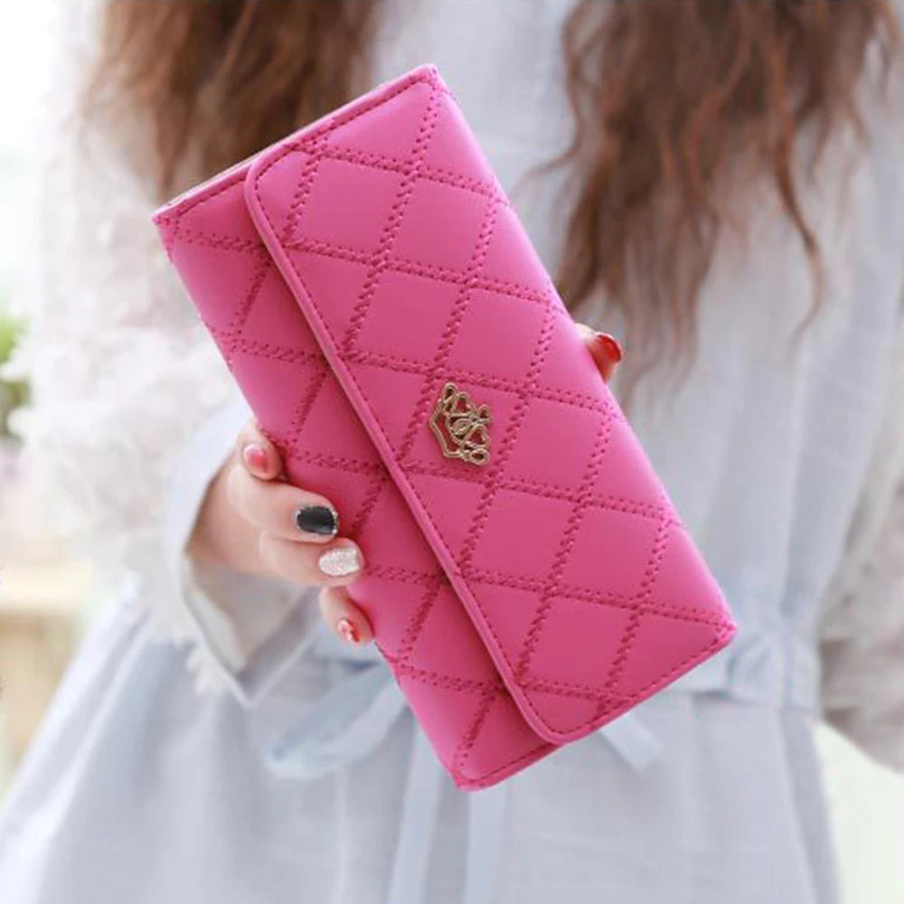 Women PU Leather Black Long Wallet Diamond Pattern Purse Large Capacity Card Holder Crown Buckle Ladies Phone Bag Girls Gifts