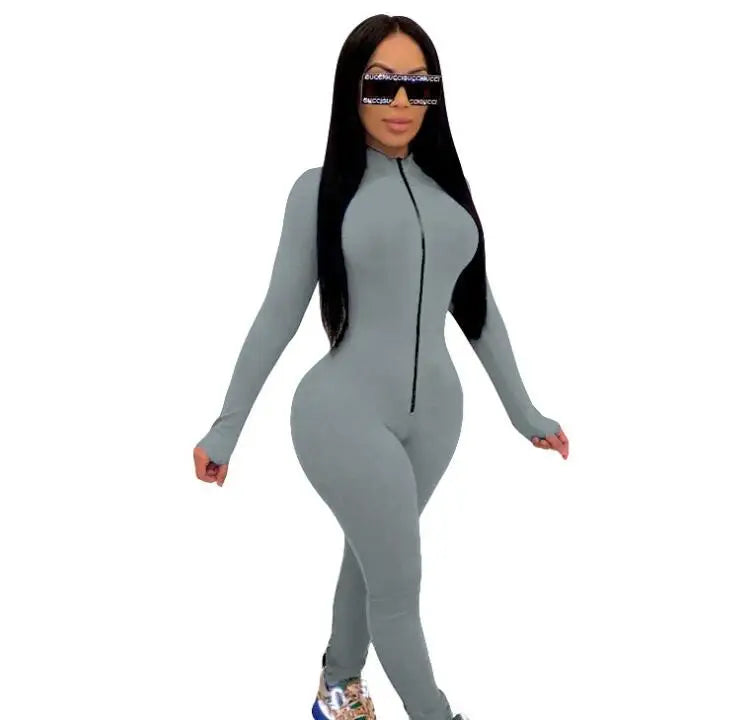 Sleek Deep-V Zip-Front Bodycon Romper – Athletic Fitness Jumpsuit