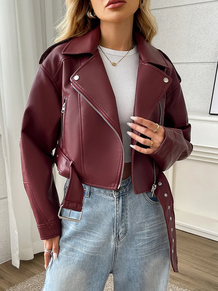 Ailegogo Spring Autumn Women Faux Pu Leather Short Jacket with Belt Motorcycle Biker Female Zipper Lapel Loose Coat Outwear