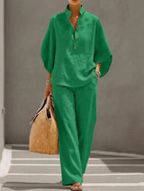 Fashion Cotton Linen  Pant Set  Women's Casual Stand Collar Button Top Wide Leg Trousers 2-piece Set Retro Female Office Suit