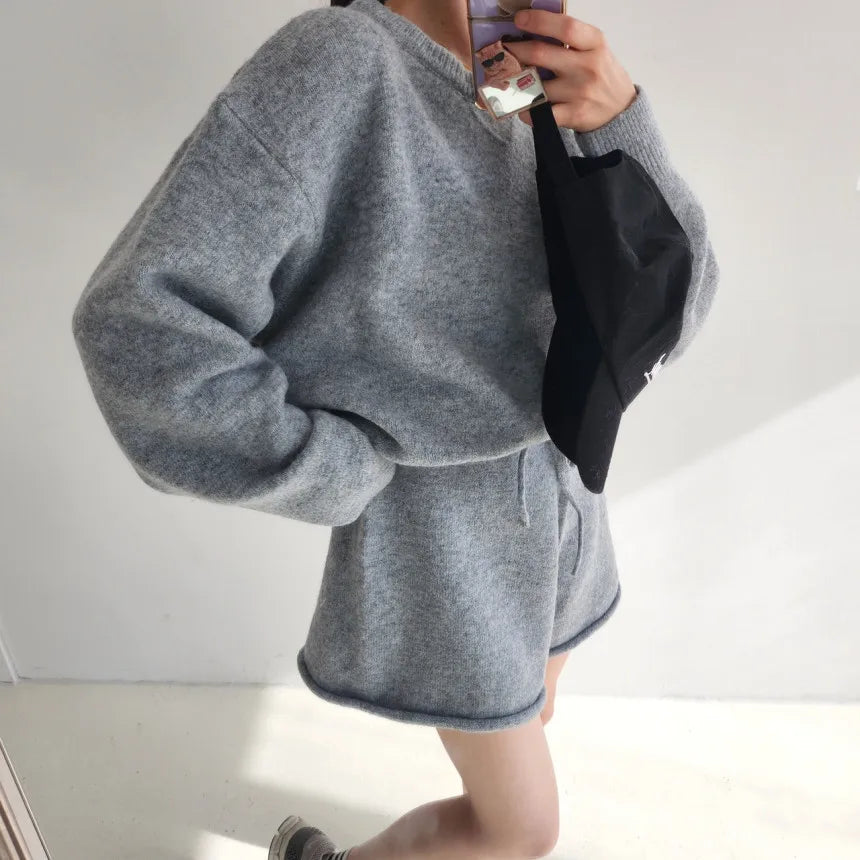 Korean Style Sweater Two 2 Piece Set Women Vintage Autumn Winter Pullover Knitted Tops + Casual Shorts 2 Piece Outfits Female