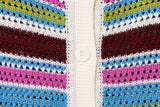 Women Patchwork Striped Hollow Out Crochet Knitted Crop Sweater Shorts Set Short Sleeve Polo Collar Sweater Knit Shorts Suit Y2K
