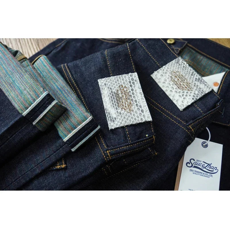 SAUCE ZHAN Mens Jeans Rainbow Sanforized Selvedge Denim Jeans Man Python Skin Labels Regular Fit 14 Oz