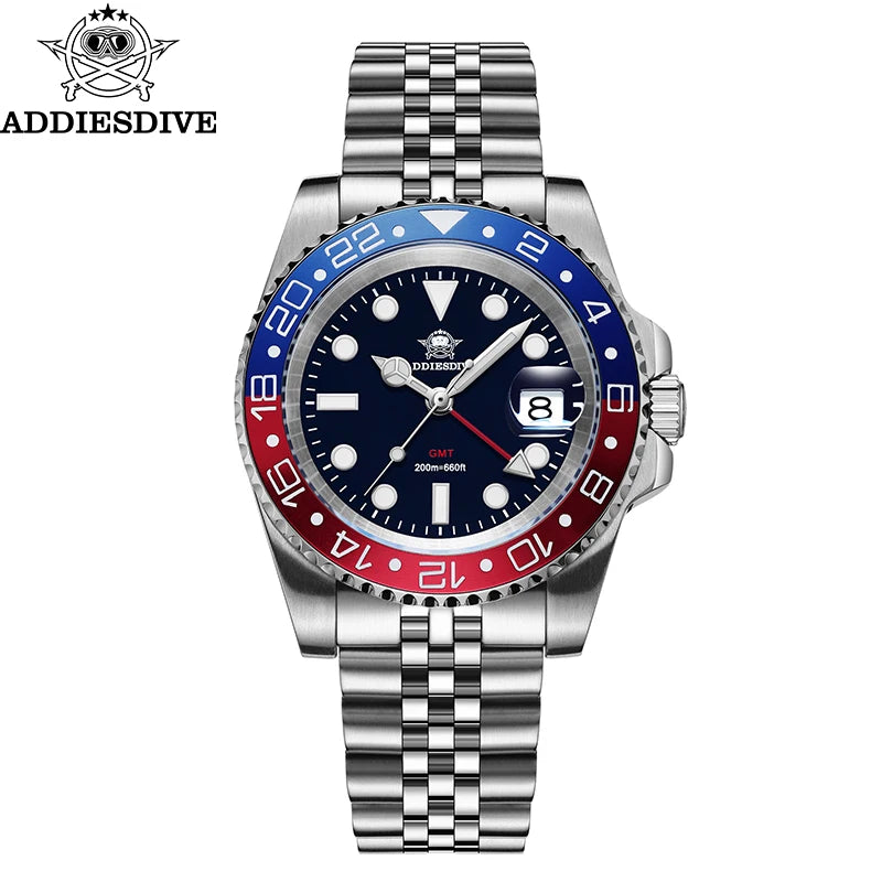 ADDIESDIVE AD2050 Men GMT Watch Swiss Ronda 515-24 BGW9 Super Luminous 20Bar Waterproof Reloj 316L Stainless Steel Quartz Watch