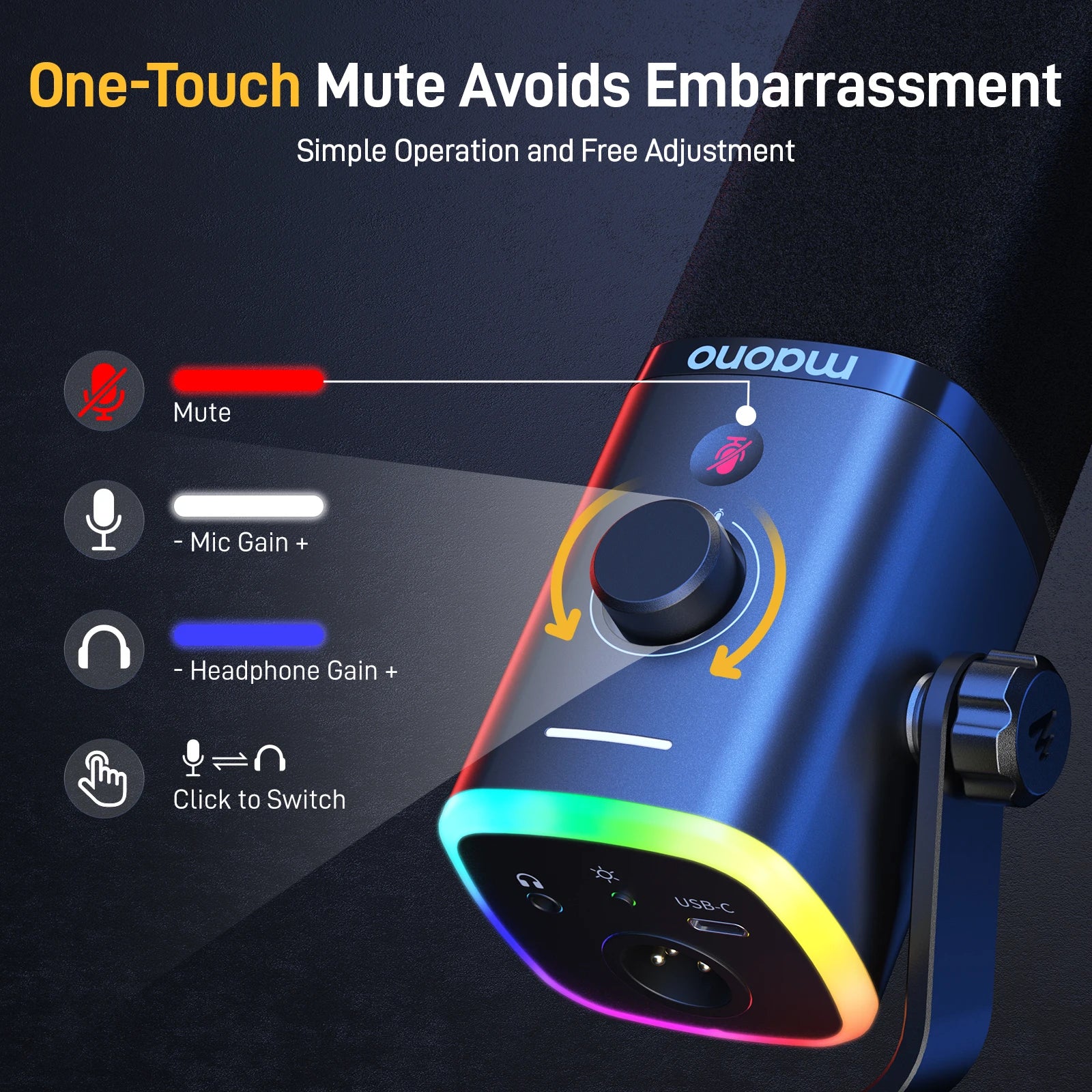 MAONO PD100X USB/XLR Dynamic Mic with RGB & Noise Reduction