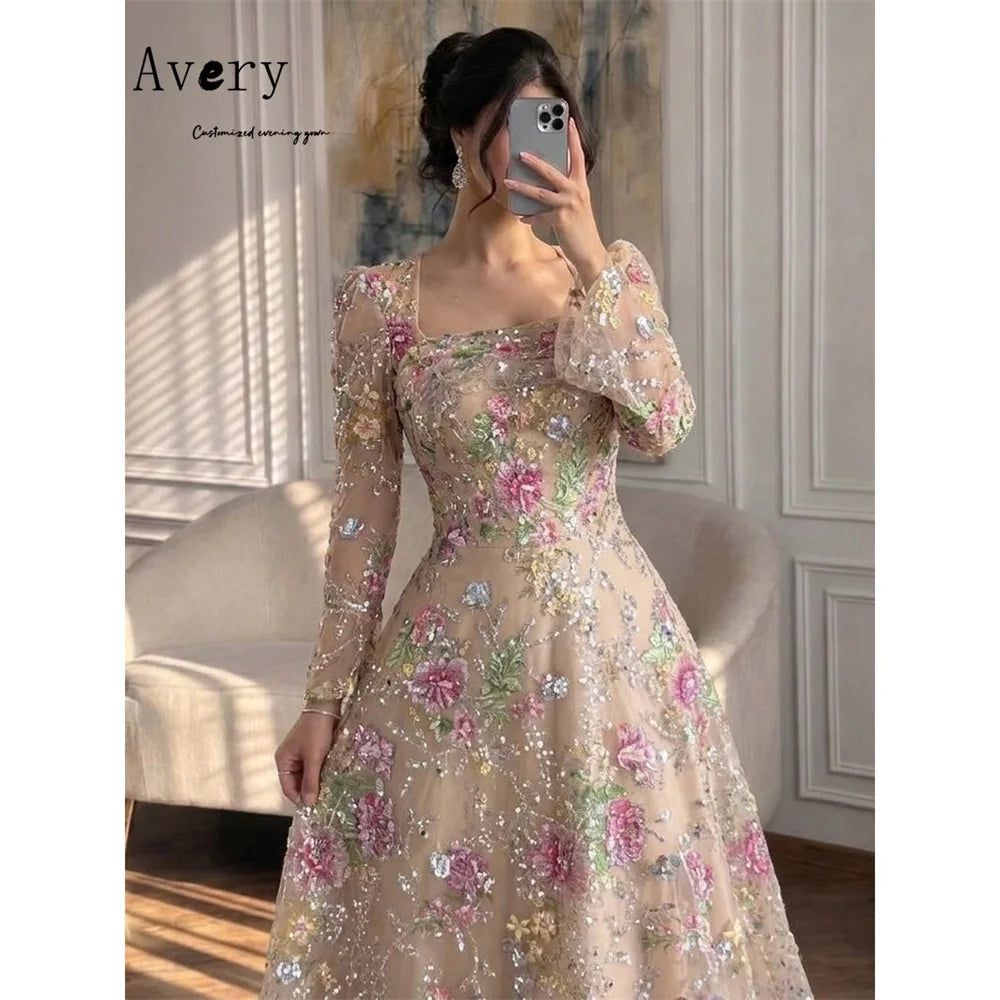 Avery Custom A-line Lace Long Sleeves Square Neck Women's Ball Gown Dresses for Luxury Party Formal Dress 2026 Woman Evening New