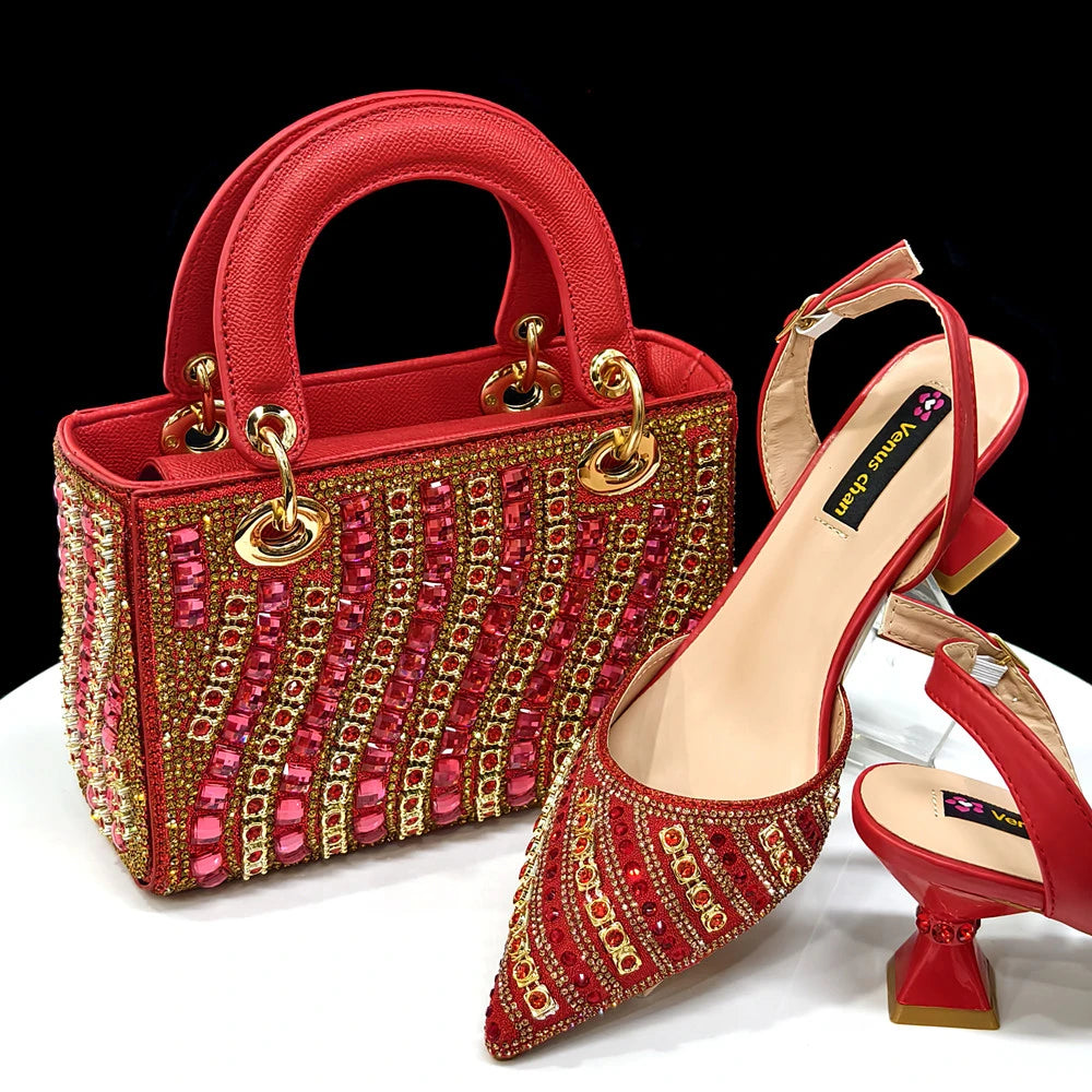 Rhinestone Pointed-Toe Slingback Heels & Bag Set