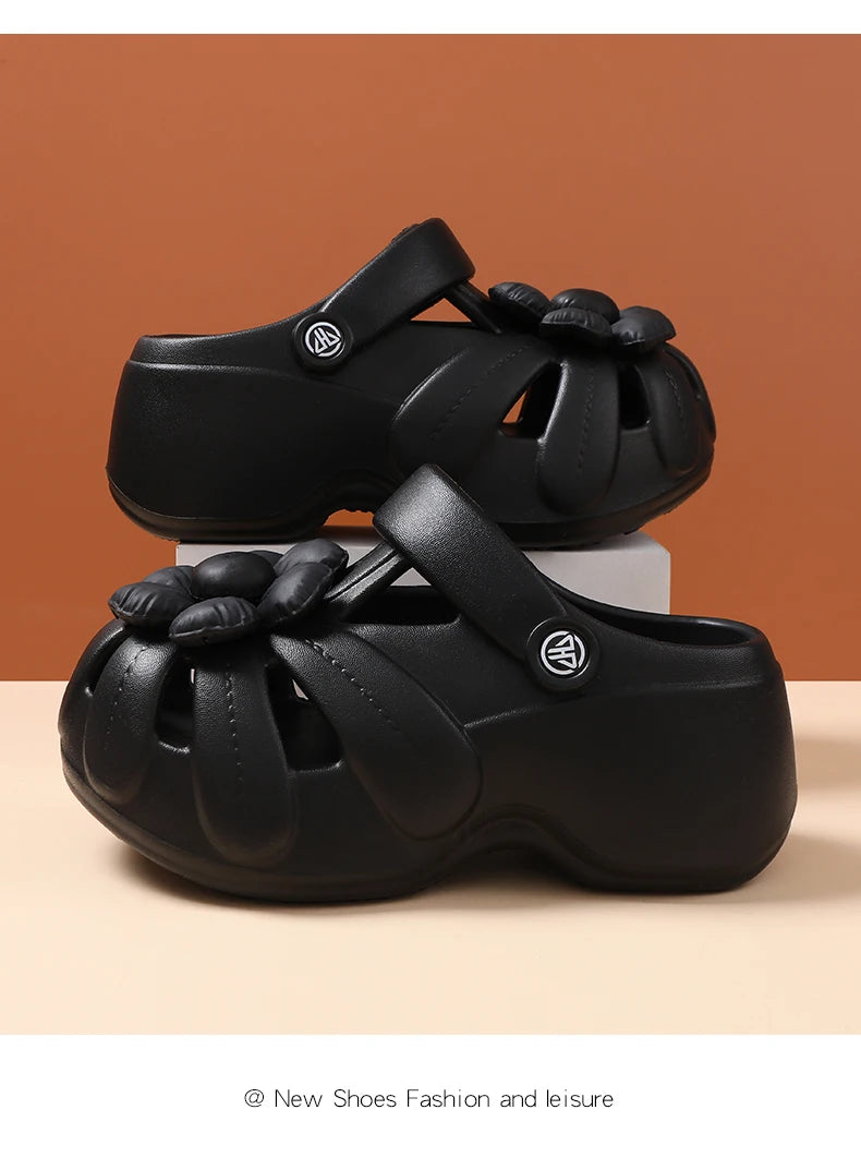Women's Platform Clog Sandals with Flower Decor — EVA Wedge Beach Shoes