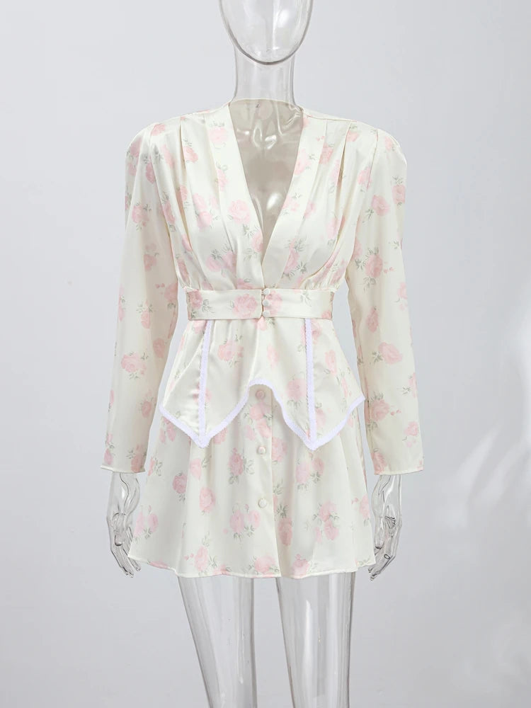 Print  Dress Women's Floral Satin Mini Dress Deep V-Neck Puff Sleeves Peplum Waistband Two-Piece Party Dresses Woman Clothes