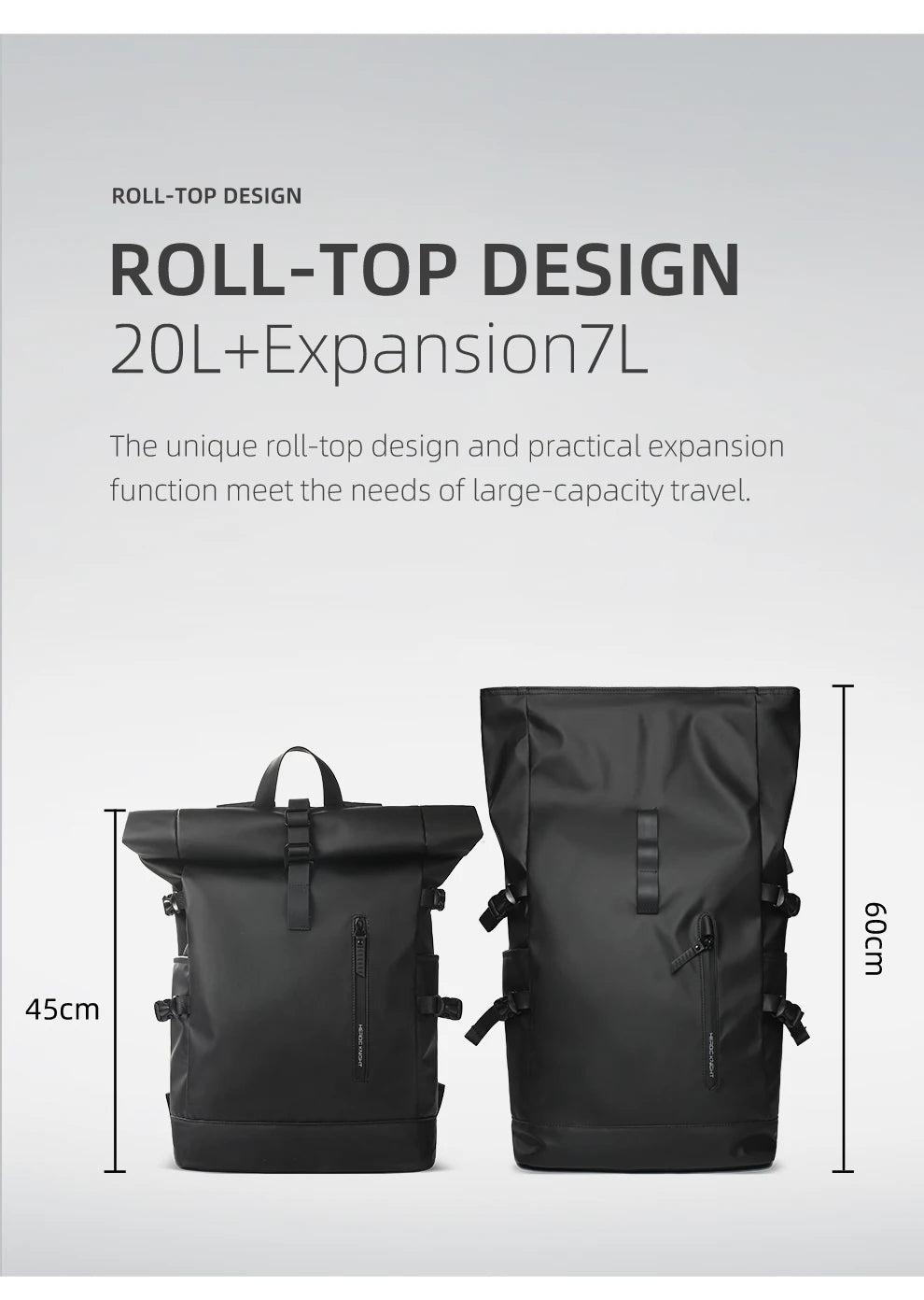 Heroic Knight Men's Backpack Waterproof Roll Top Backpack Women Travel Expandable USB Charging Large Capacity Laptop Bag Mochila