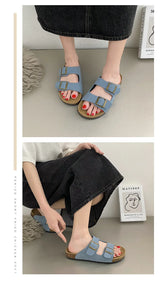 Comwarm Men's Cork Footbed Slides Sandals Arch Support Summer Outdoor Sandals with Adjustable Buckle Leisure Men Leather Slides