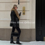Women's Black Faux Leather Coat with Detachable Collar