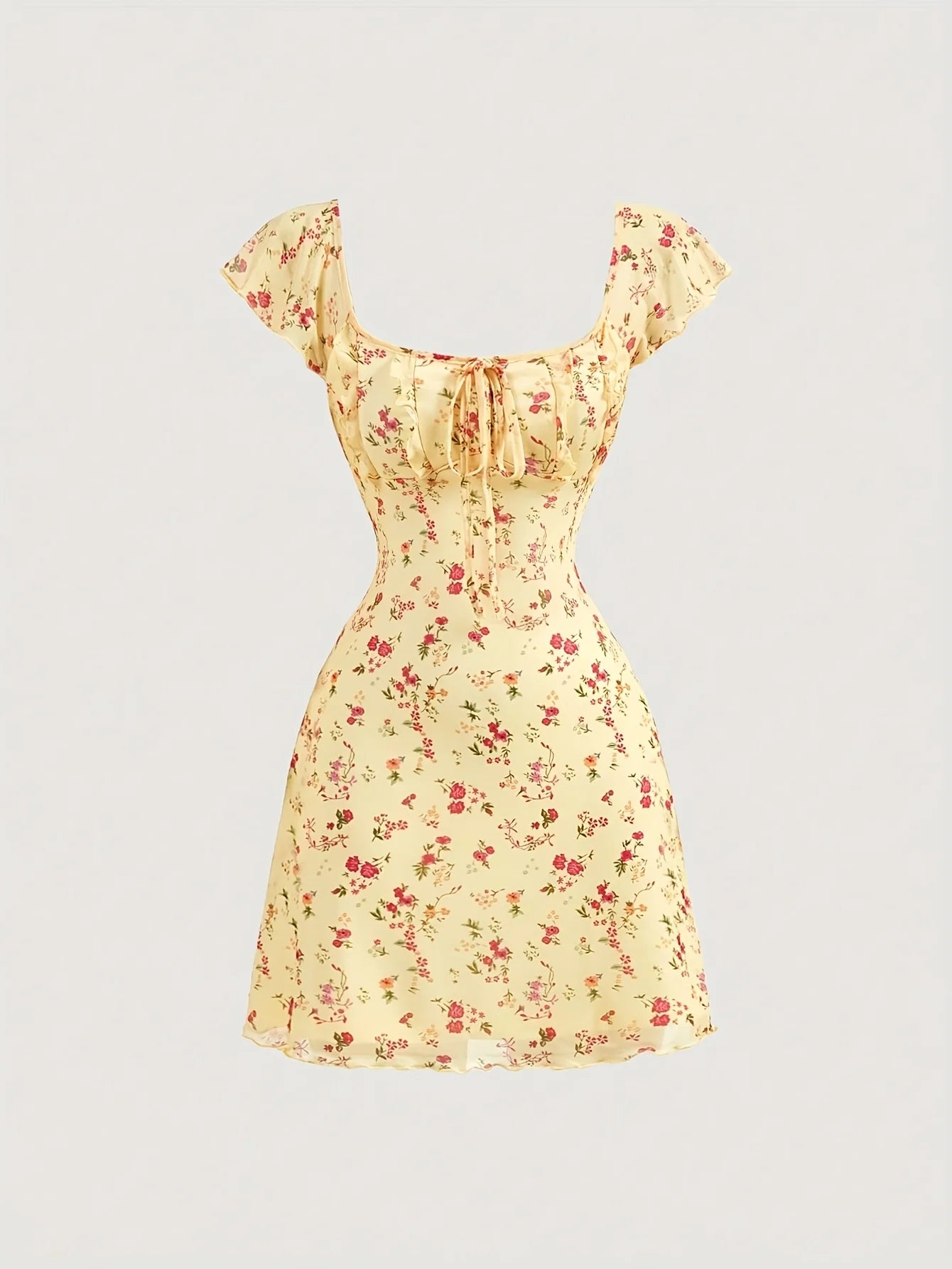 Floral Summer A-Line Dress – Ruffled Square Neck Backless Party Mini