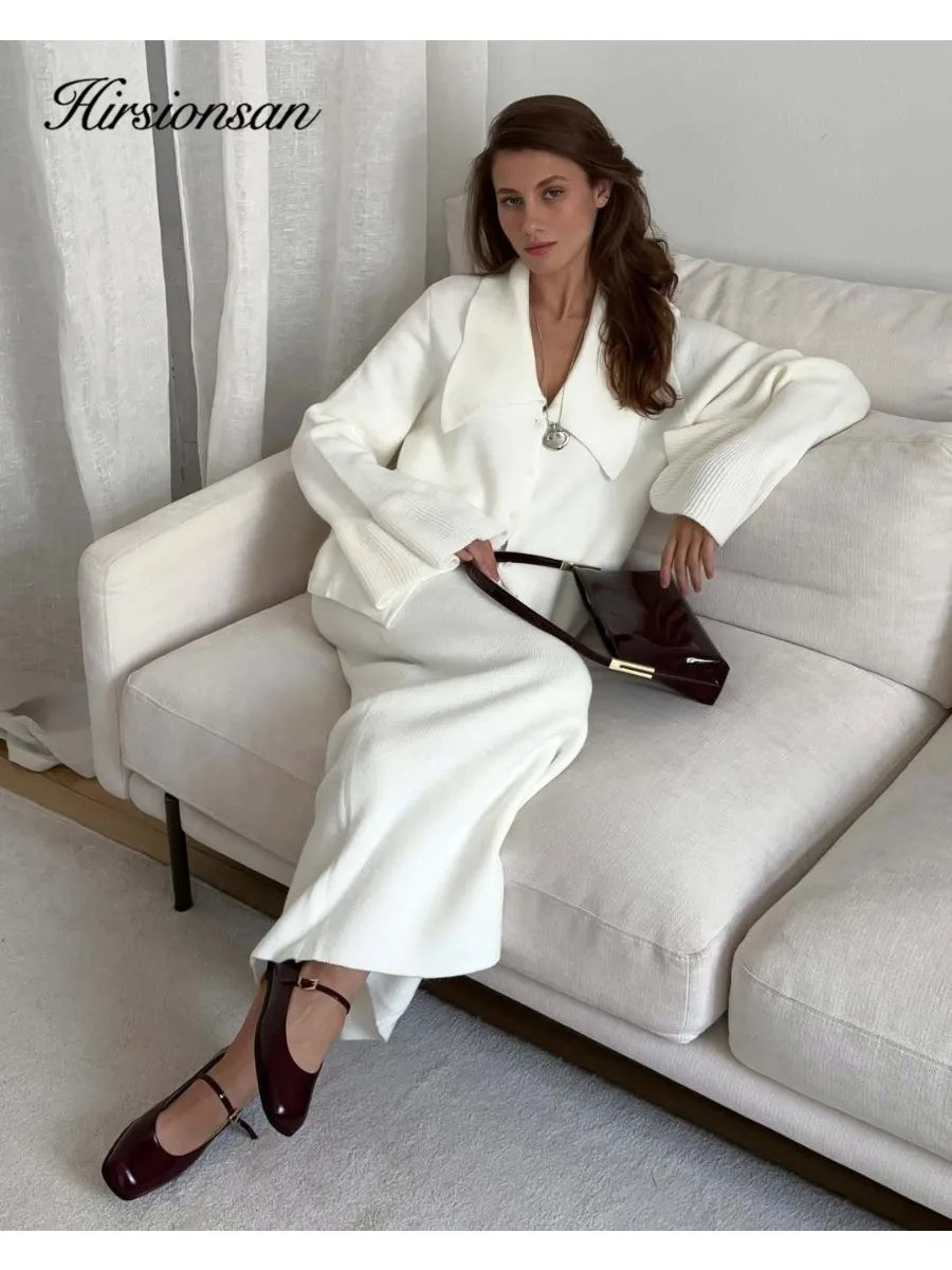 Hirsionsan Sexy Soft Elegant Vintage Women Suits 2 Pieces Female Sets Polo Neck Cardigan Sweater & Midi Dress Knitted TrackSuit