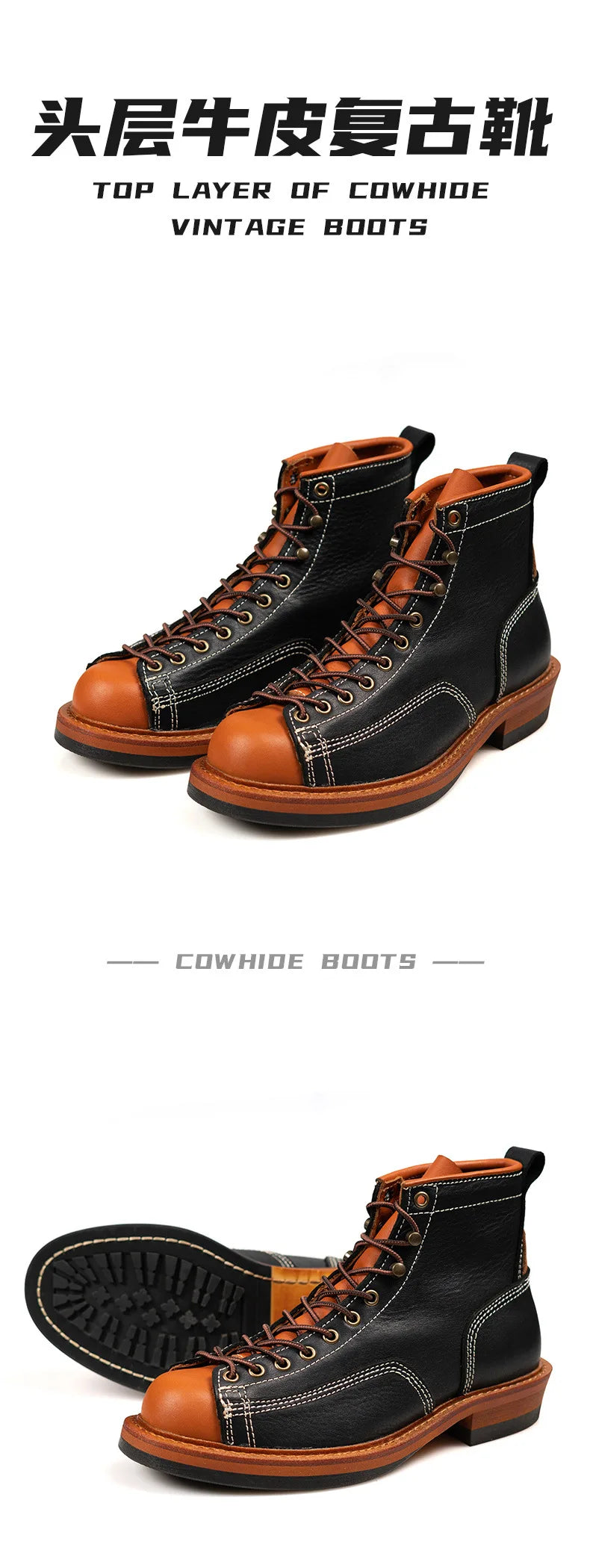 KOWM Hiking shoes men's cowhid boots British leather trekking shoes thick soled ankle sneakers cowhide high top motorcycle boots