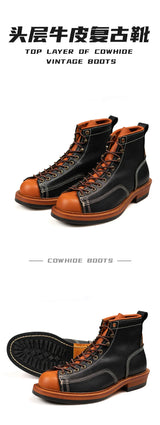 KOWM Hiking shoes men's cowhid boots British leather trekking shoes thick soled ankle sneakers cowhide high top motorcycle boots