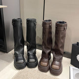 Women's Biker Boots – Belt Buckle Platform Mid-Calf