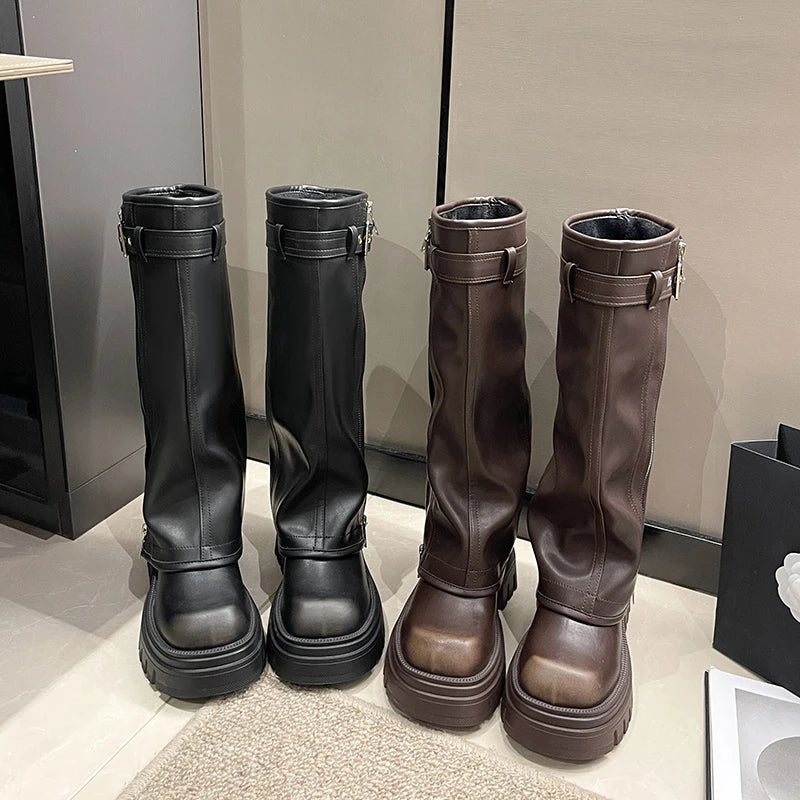 Women's Biker Boots – Belt Buckle Platform Mid-Calf